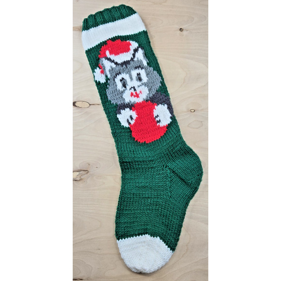 Vintage Hand Knit Christmas Stocking Kitten Cat Santa No Name - Picture 1 of 5